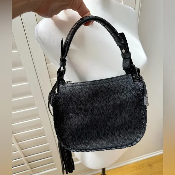 AllSaints Black Pebbled Leather Crossbody Bag with Tassel & Top Handle - Picture 2 of 9